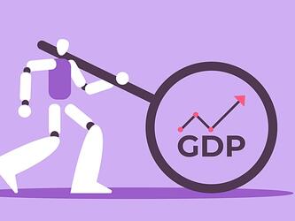robot with magnifying glass with GDP and a graph line arrow